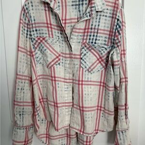 cloth & stone women’s medium pink blue plaid button up shirt rolled tab sleeves